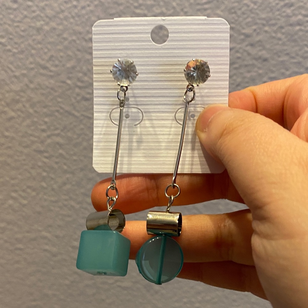 Silver and Blue Geometric Drop Earrings